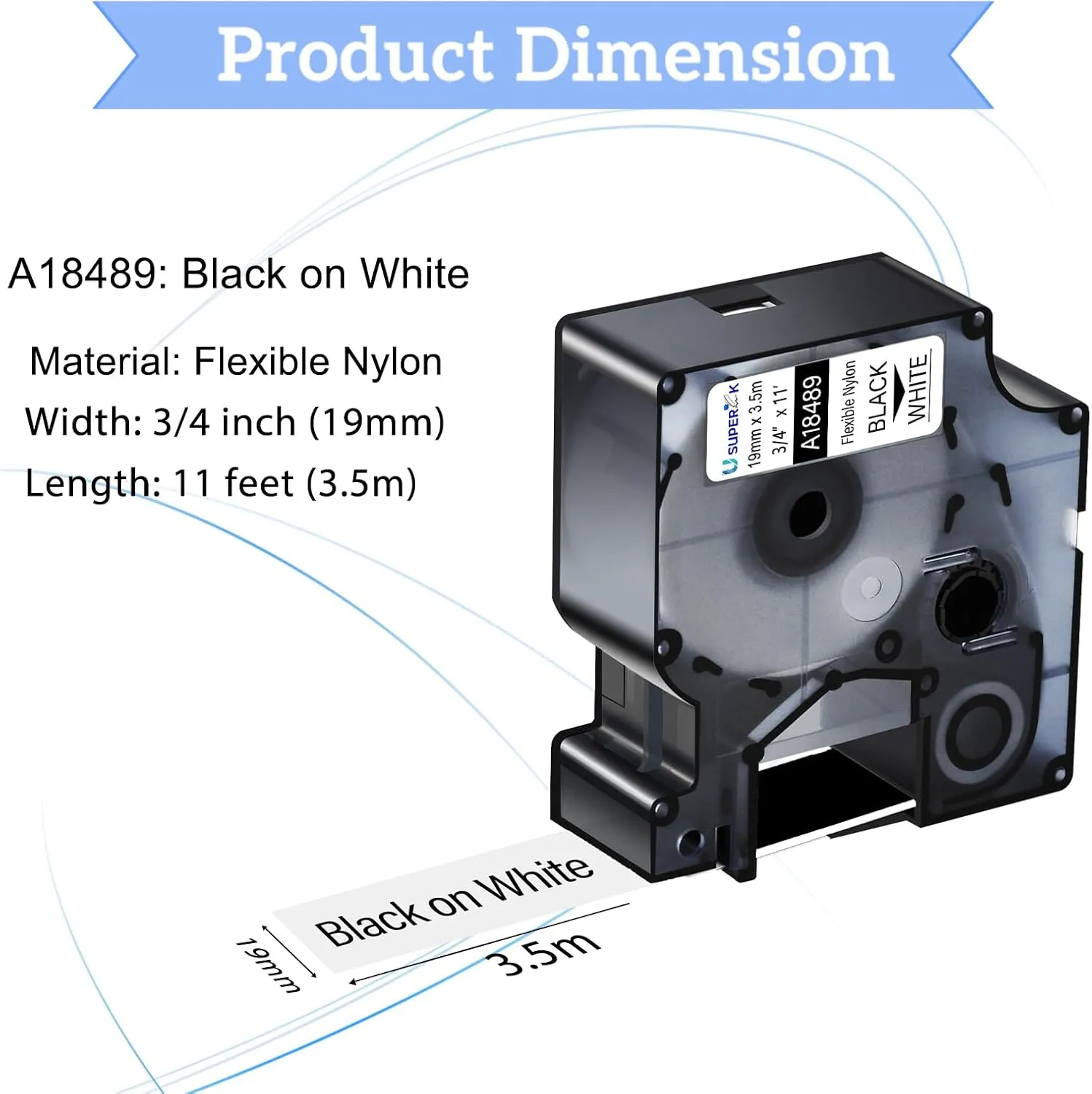 10 Pack Compatible for Dymo Rhino Industrial Flexible Nylon Labels 18489 19mm Black on White Label Tape 3/4'' x 11.5ft for Cables Wires work in Rhino 4200 5200 6000 3M PL200 PL300 Label Maker
