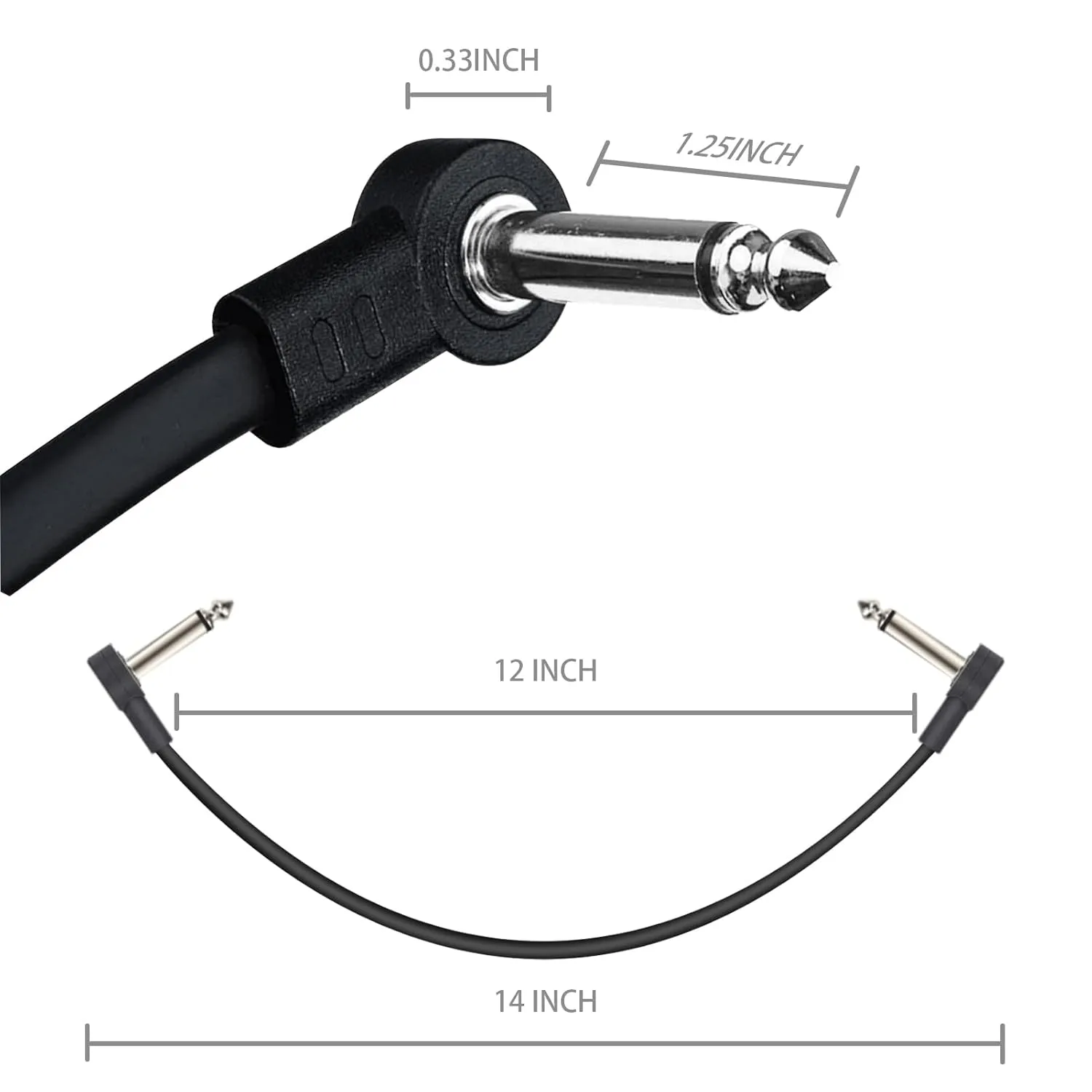12 Inch Guitar Patch Cables 6 Pack, 1/4" TS Right Angle Effect Pedal Flat Cables, Pedal Board Patch Cables, Black