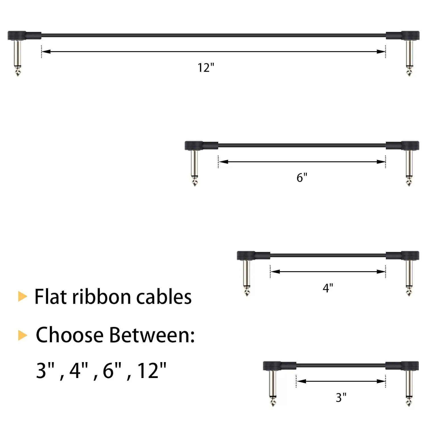 12 Inch Guitar Patch Cables 6 Pack, 1/4" TS Right Angle Effect Pedal Flat Cables, Pedal Board Patch Cables, Black