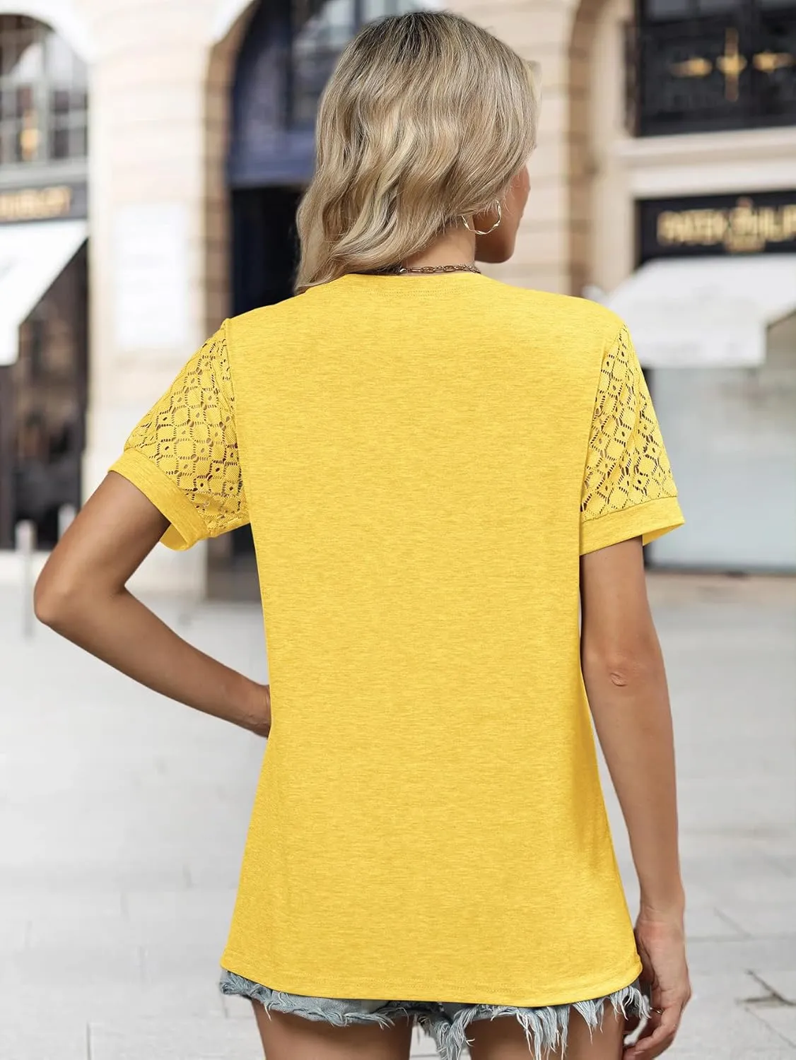 2PCS Womens Tops Summer Loose Casual Crewneck Lace Sleeve T Shirts Fashion Beach Vacation Clothes Cute Blouse 2025