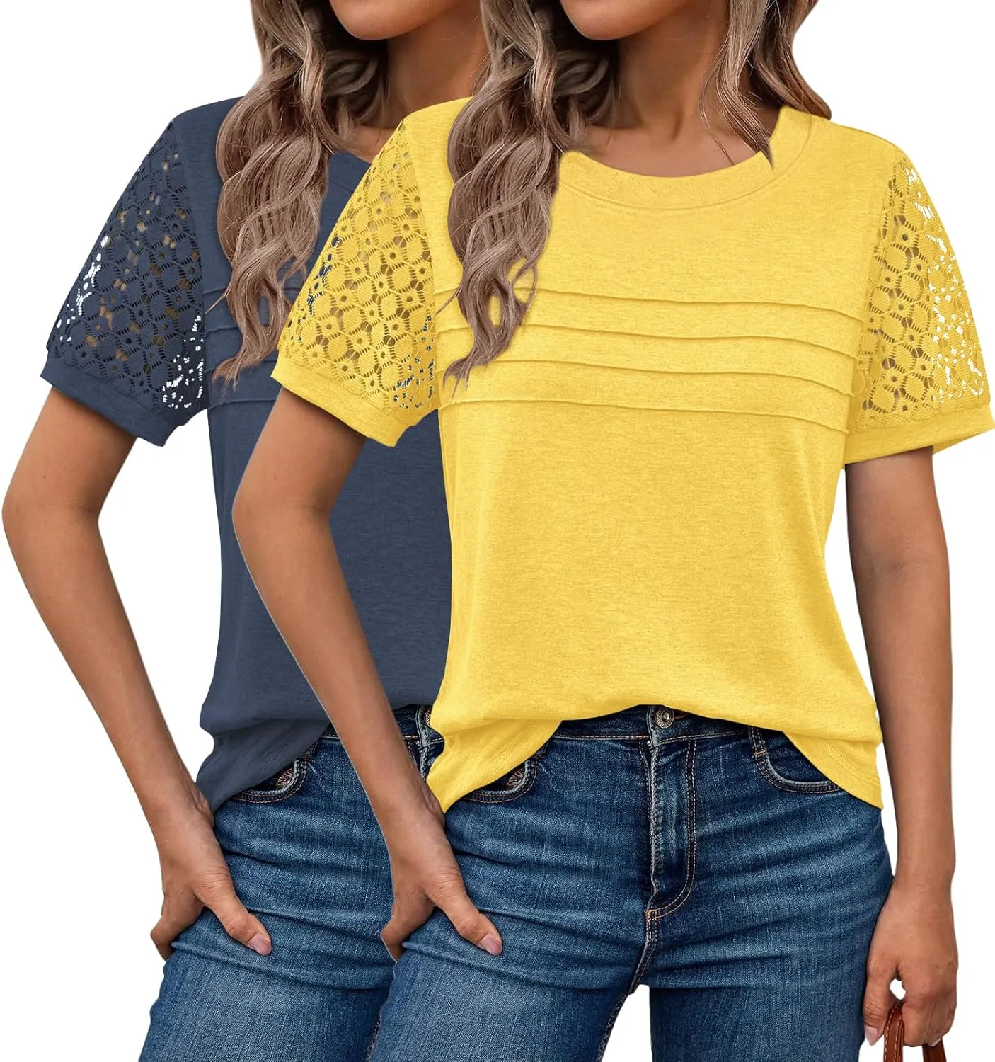 2PCS Womens Tops Summer Loose Casual Crewneck Lace Sleeve T Shirts Fashion Beach Vacation Clothes Cute Blouse 2025