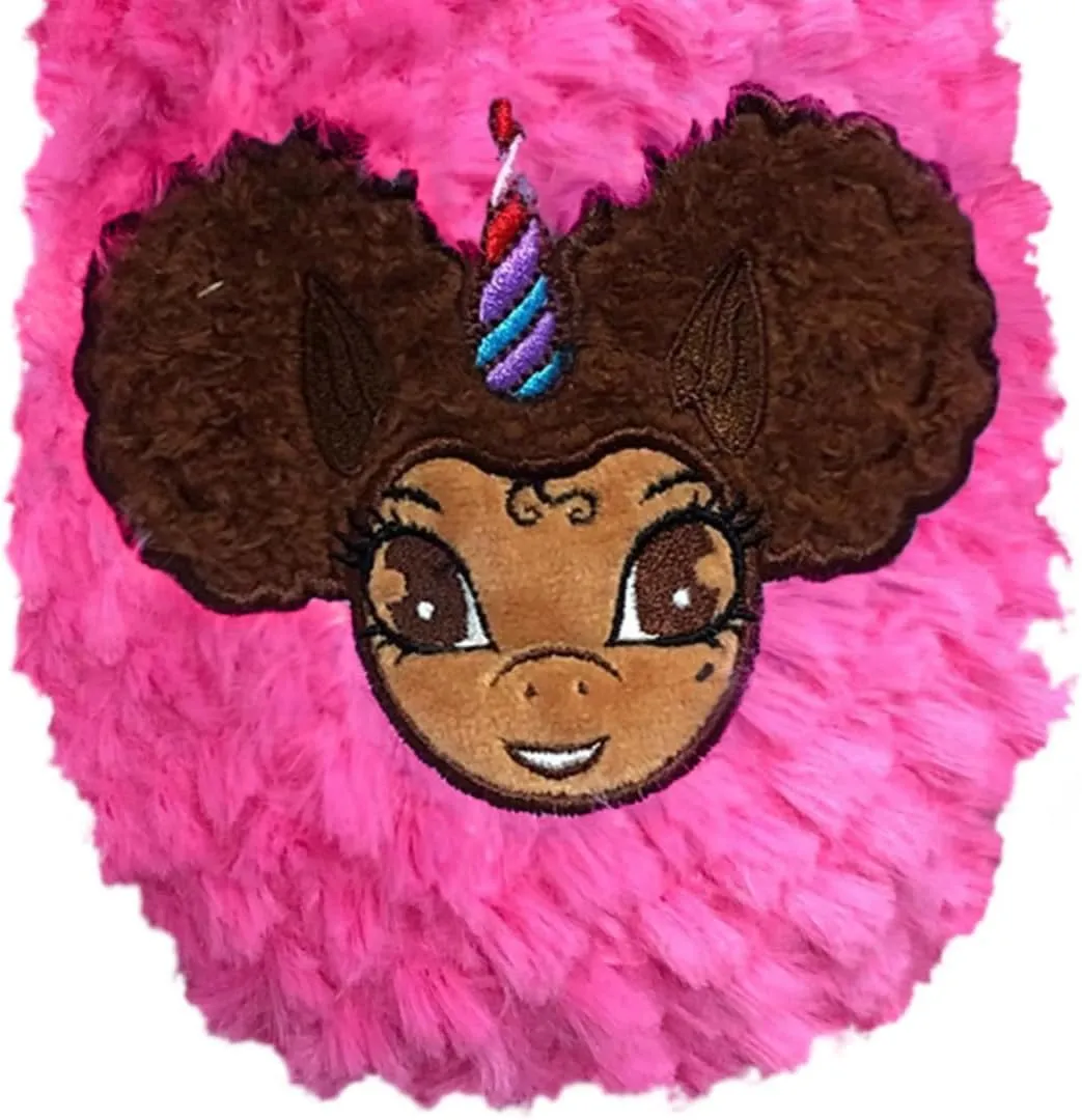 Afro Puff Unicorn Hot Pink Plush Slipper - Light Brown with Brown Hair