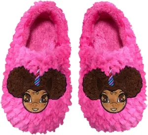 Afro Puff Unicorn Hot Pink Plush Slipper - Light Brown with Brown Hair