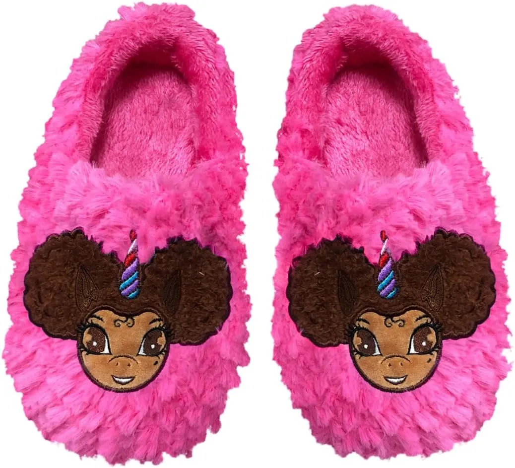 Afro Puff Unicorn Hot Pink Plush Slipper - Light Brown with Brown Hair