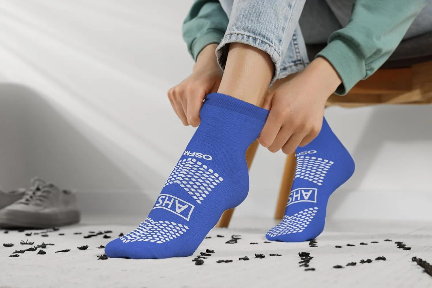 AHS Slipper Socks | Blue X-Large Polyester-Spandex Knit Grip Socks with Elastic Cuff | Pack of 6 Non Skid Socks