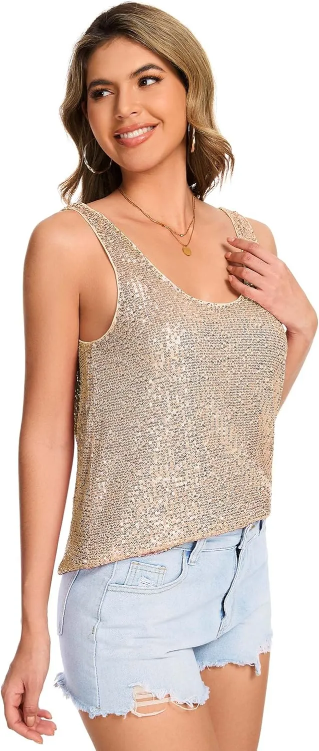 Ainuno Sequin Tops for Women Sparkly Tank Tops Sleeveless Sparkle Tanks Fashion Outfit Top