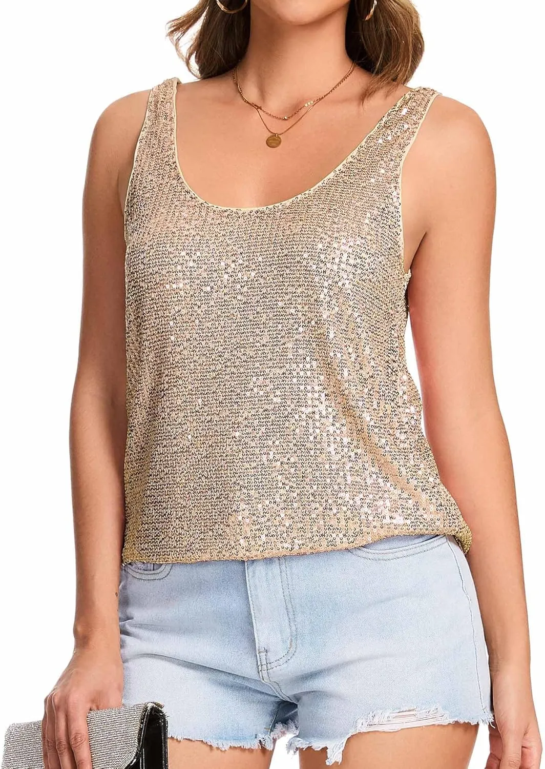 Ainuno Sequin Tops for Women Sparkly Tank Tops Sleeveless Sparkle Tanks Fashion Outfit Top