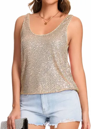 Ainuno Sequin Tops for Women Sparkly Tank Tops Sleeveless Sparkle Tanks Fashion Outfit Top