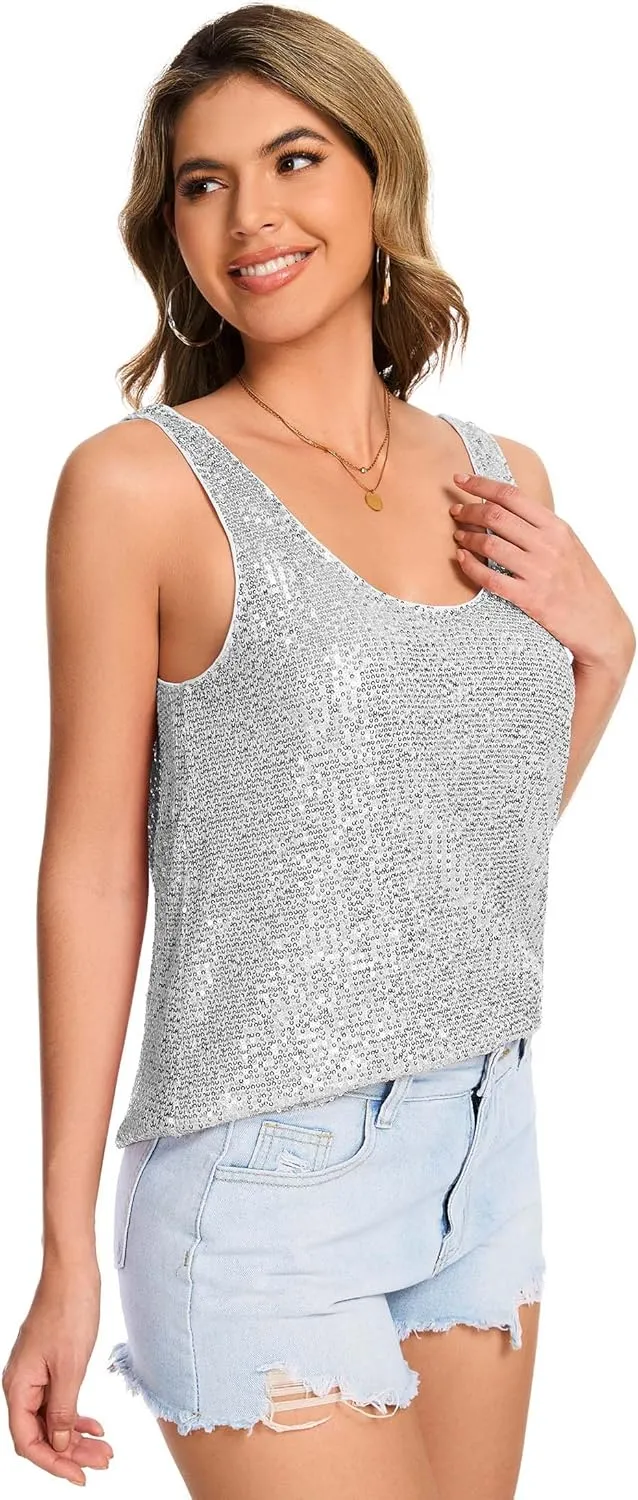 Ainuno Sequin Tops for Women Sparkly Tank Tops Sleeveless Sparkle Tanks Fashion Outfit Top