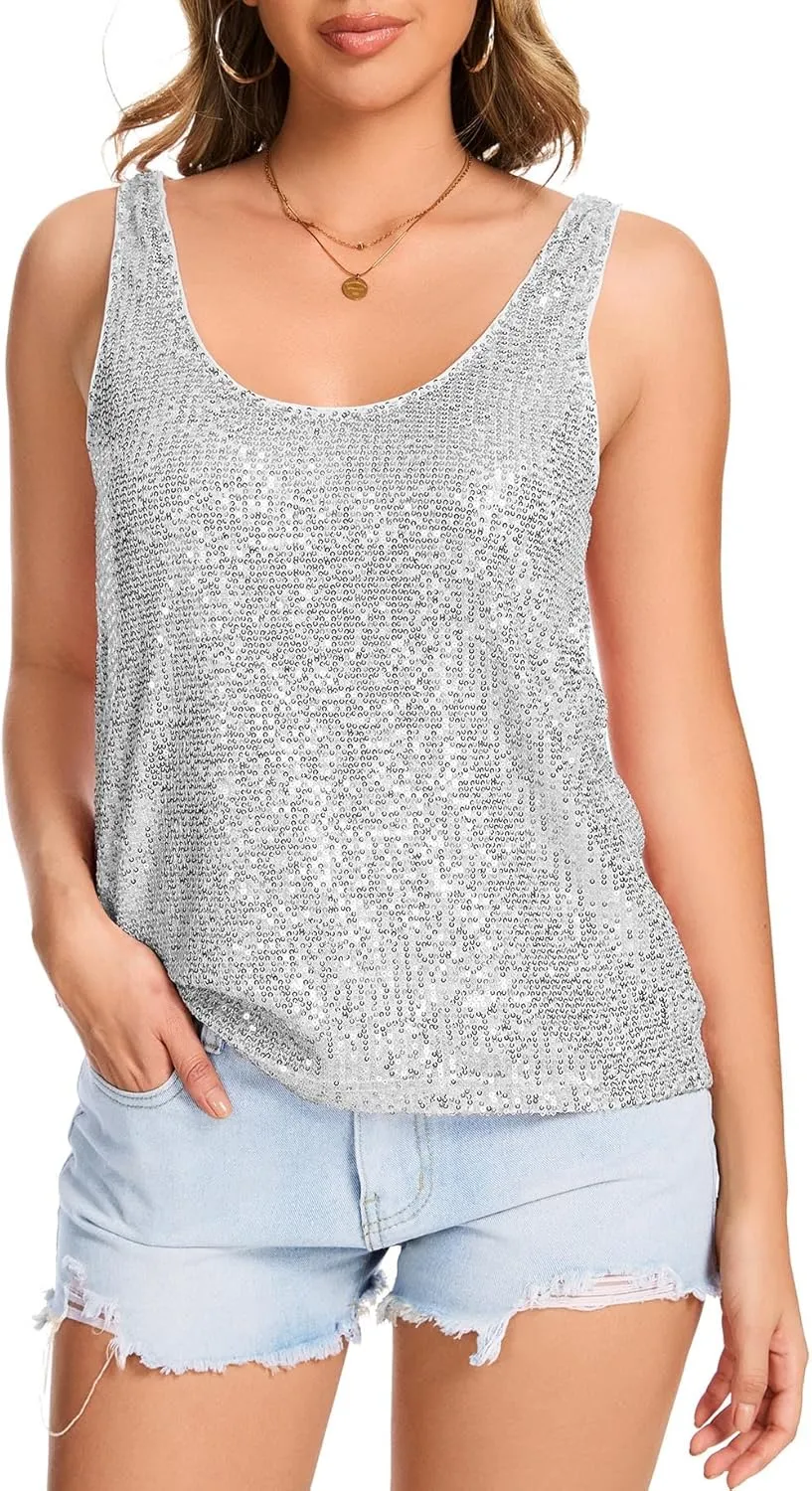 Ainuno Sequin Tops for Women Sparkly Tank Tops Sleeveless Sparkle Tanks Fashion Outfit Top