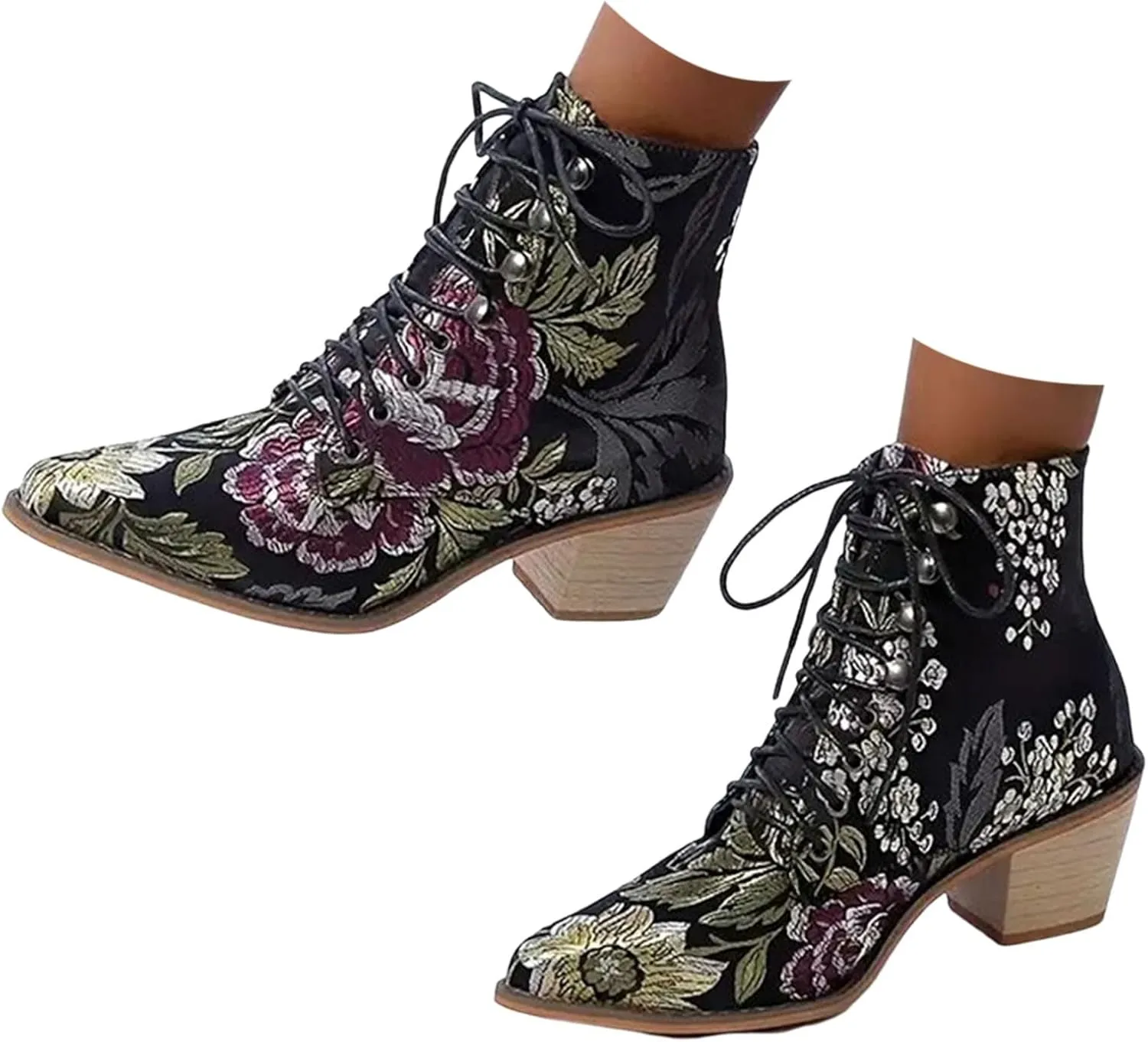 AMDBEL Wedge Fall Shoes for Women 2024 Chunky High Heel Lace Up Boots Pointed Toe Lace Up Embroidery Flower Ethnic Boots