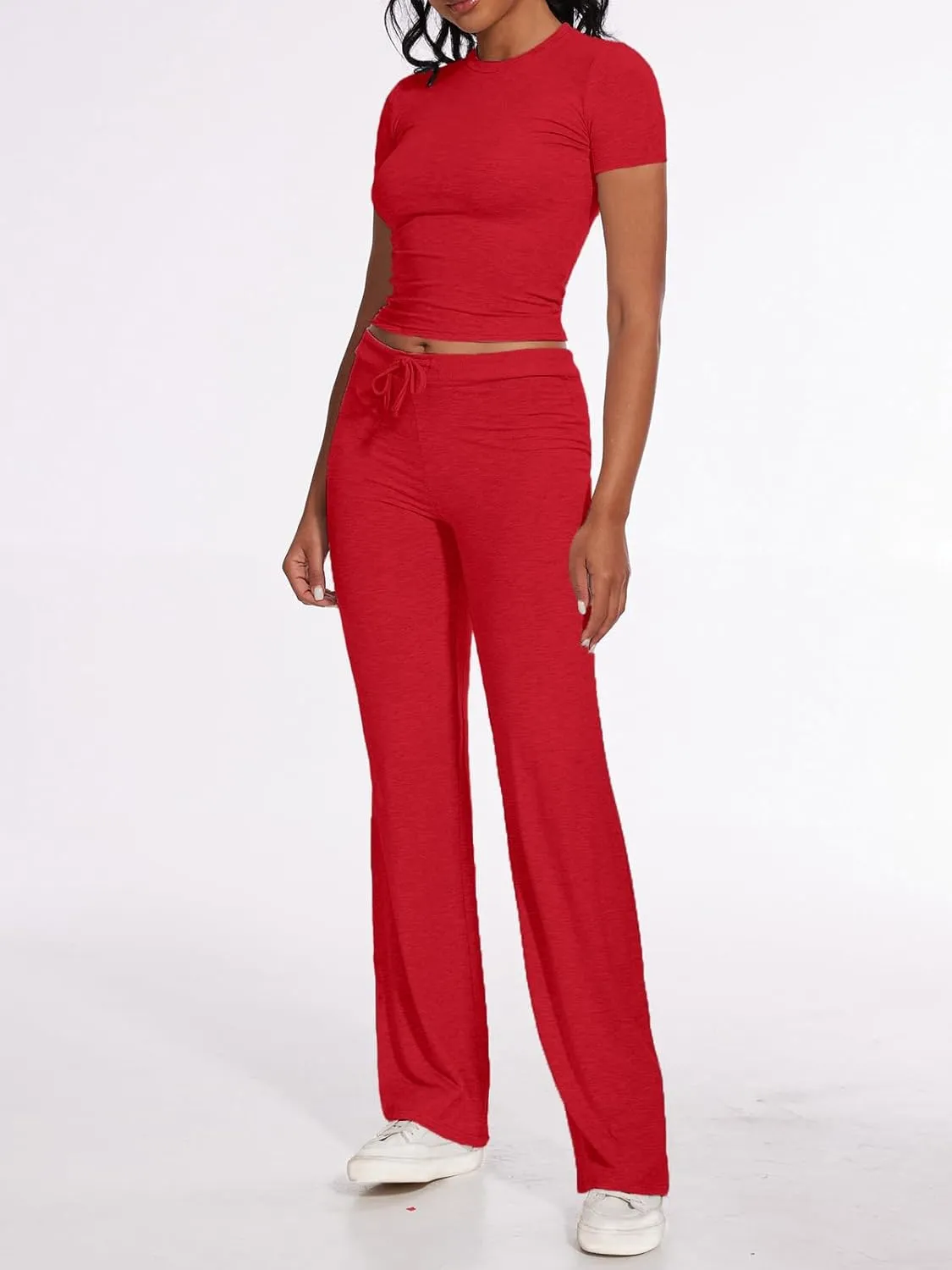 AnotherChill Women's 2 Piece Lounge Sets Straight Leg Pants Set Short Sleeve Crop T-shirt Casual Outfits Comfy Loungewear