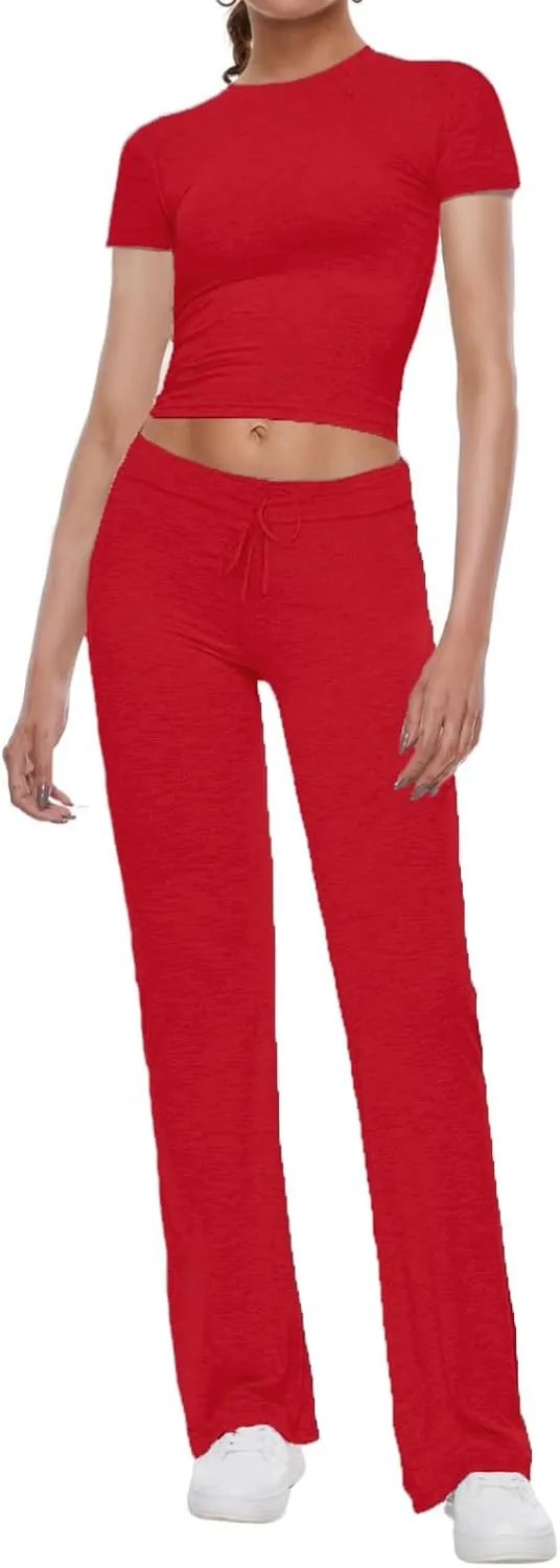 AnotherChill Women's 2 Piece Lounge Sets Straight Leg Pants Set Short Sleeve Crop T-shirt Casual Outfits Comfy Loungewear
