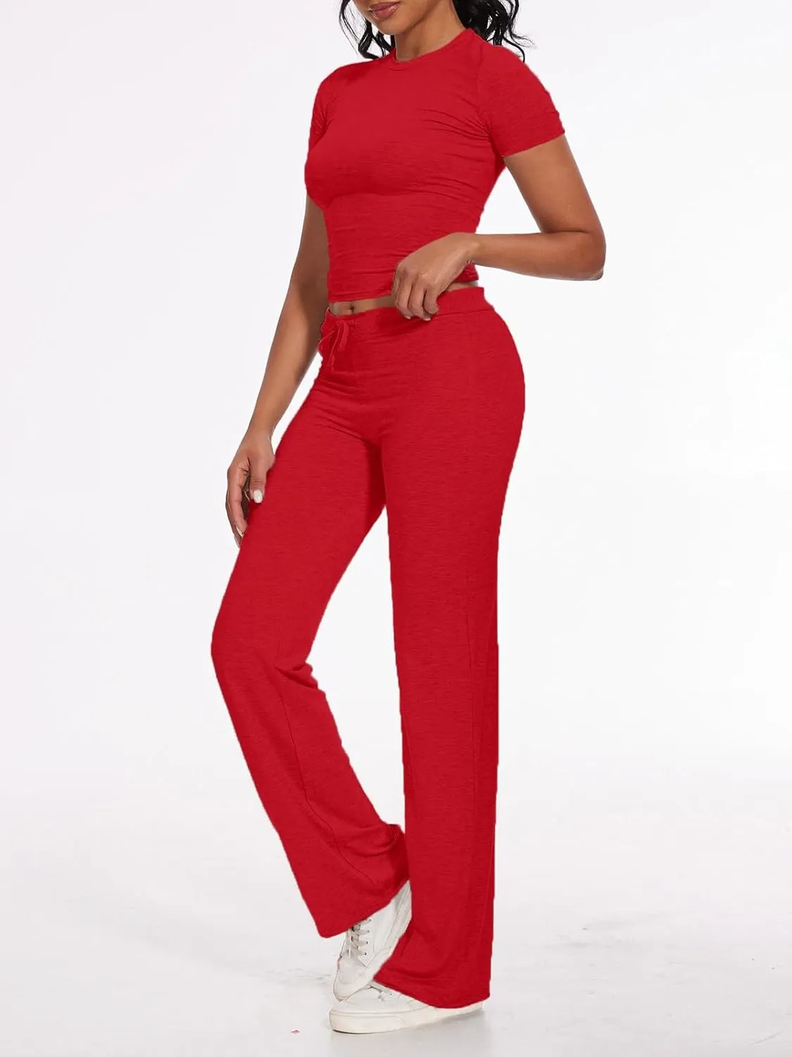 AnotherChill Women's 2 Piece Lounge Sets Straight Leg Pants Set Short Sleeve Crop T-shirt Casual Outfits Comfy Loungewear