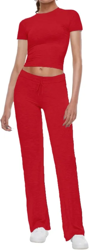 AnotherChill Women's 2 Piece Lounge Sets Straight Leg Pants Set Short Sleeve Crop T-shirt Casual Outfits Comfy Loungewear