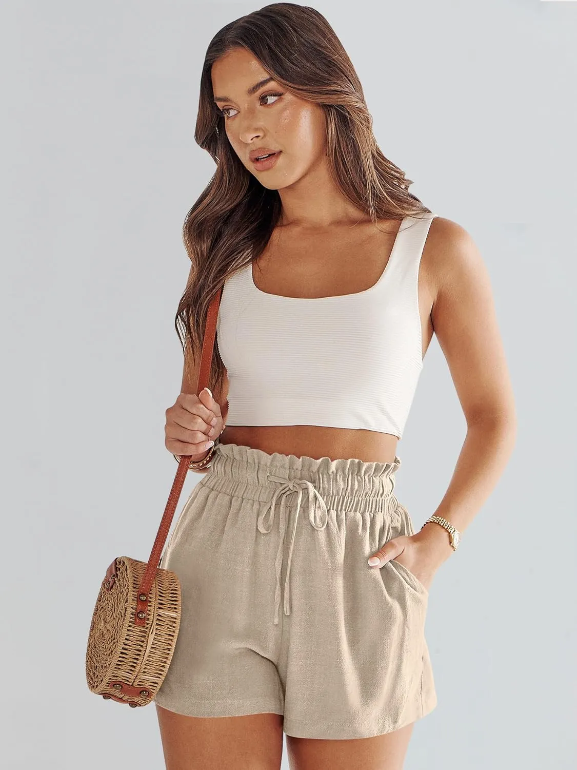 ANRABESS Linen Shorts for Women Summer Casual Wide Leg Loose High Waist Drawstring Dressy Beach Shorts 2025 Comfy Clothes