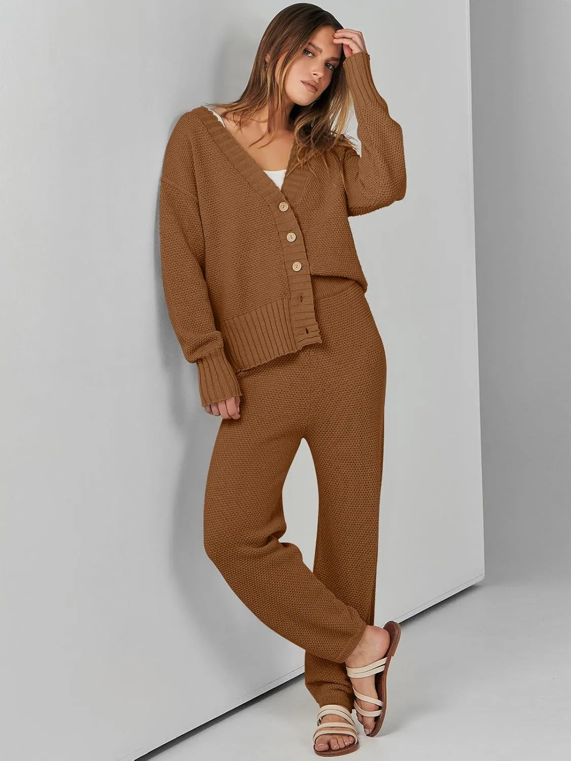 ANRABESS Women 2 Piece Outfits Waffle Knit Long Sleeve Cardigan Set Casual Sweater Pants Lounge Sets 2024 Fall Clothes