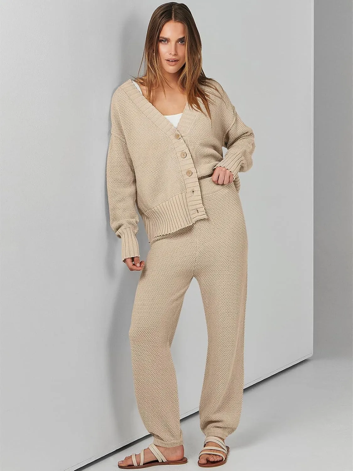 ANRABESS Women 2 Piece Outfits Waffle Knit Long Sleeve Cardigan Set Casual Sweater Pants Lounge Sets 2024 Fall Clothes