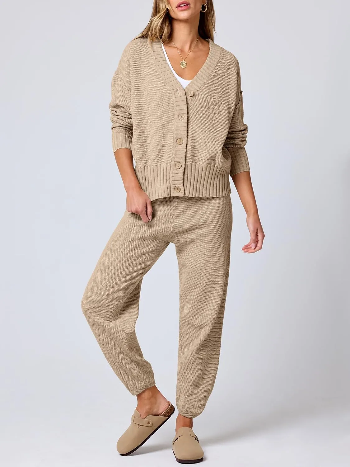 ANRABESS Women 2 Piece Outfits Waffle Knit Long Sleeve Cardigan Set Casual Sweater Pants Lounge Sets 2024 Fall Clothes