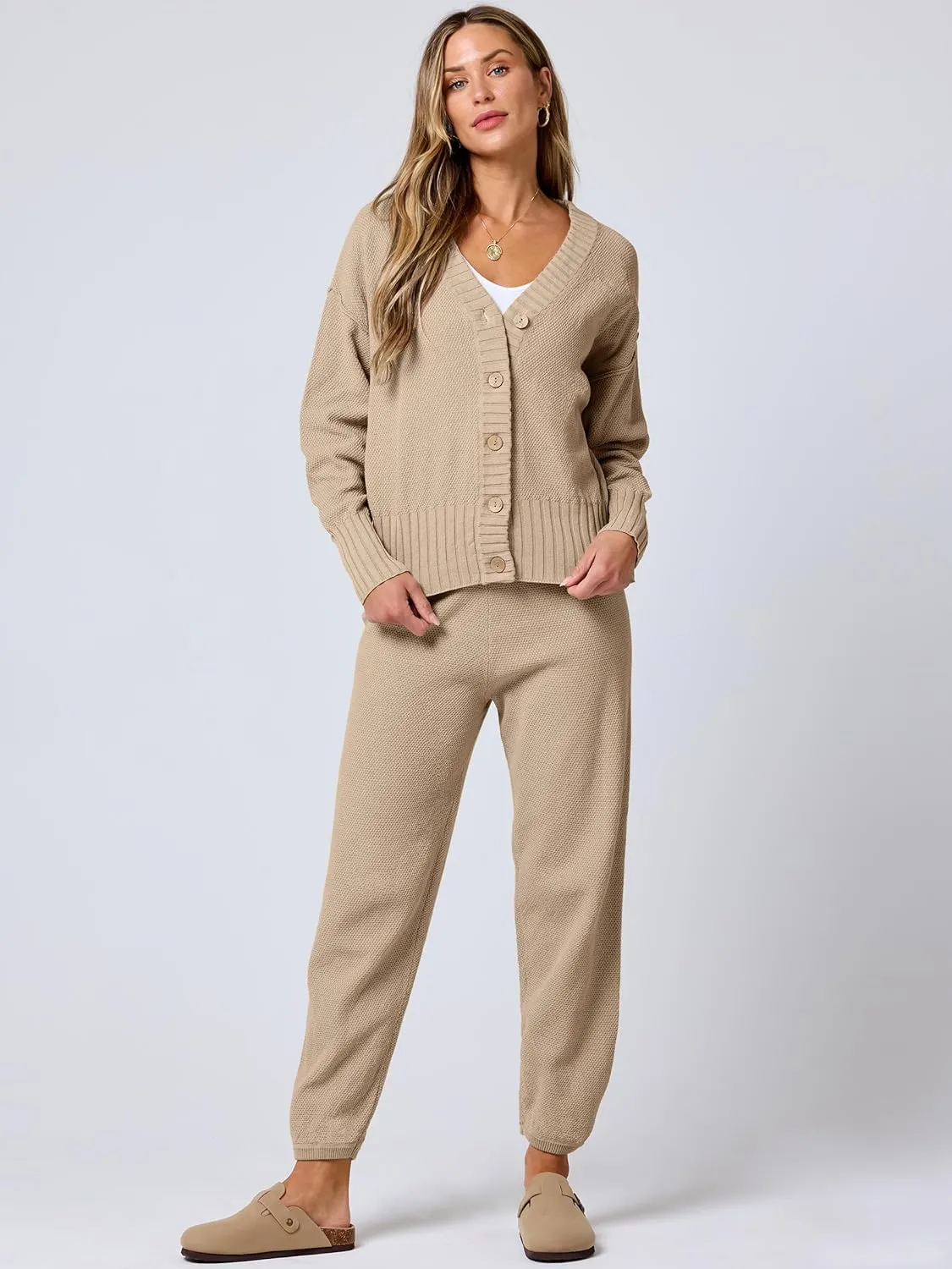 ANRABESS Women 2 Piece Outfits Waffle Knit Long Sleeve Cardigan Set Casual Sweater Pants Lounge Sets 2024 Fall Clothes
