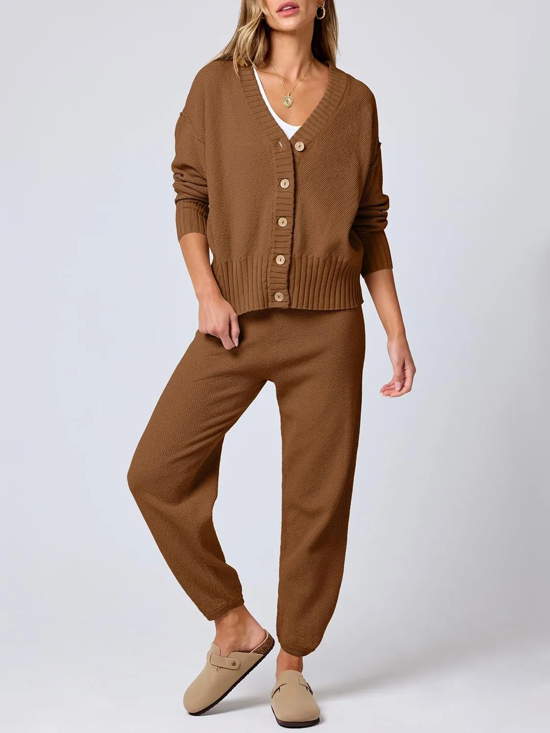 ANRABESS Women 2 Piece Outfits Waffle Knit Long Sleeve Cardigan Set Casual Sweater Pants Lounge Sets 2024 Fall Clothes