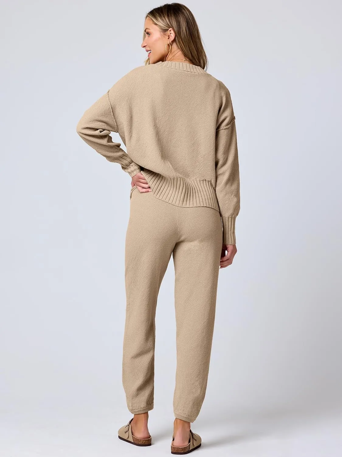 ANRABESS Women 2 Piece Outfits Waffle Knit Long Sleeve Cardigan Set Casual Sweater Pants Lounge Sets 2024 Fall Clothes
