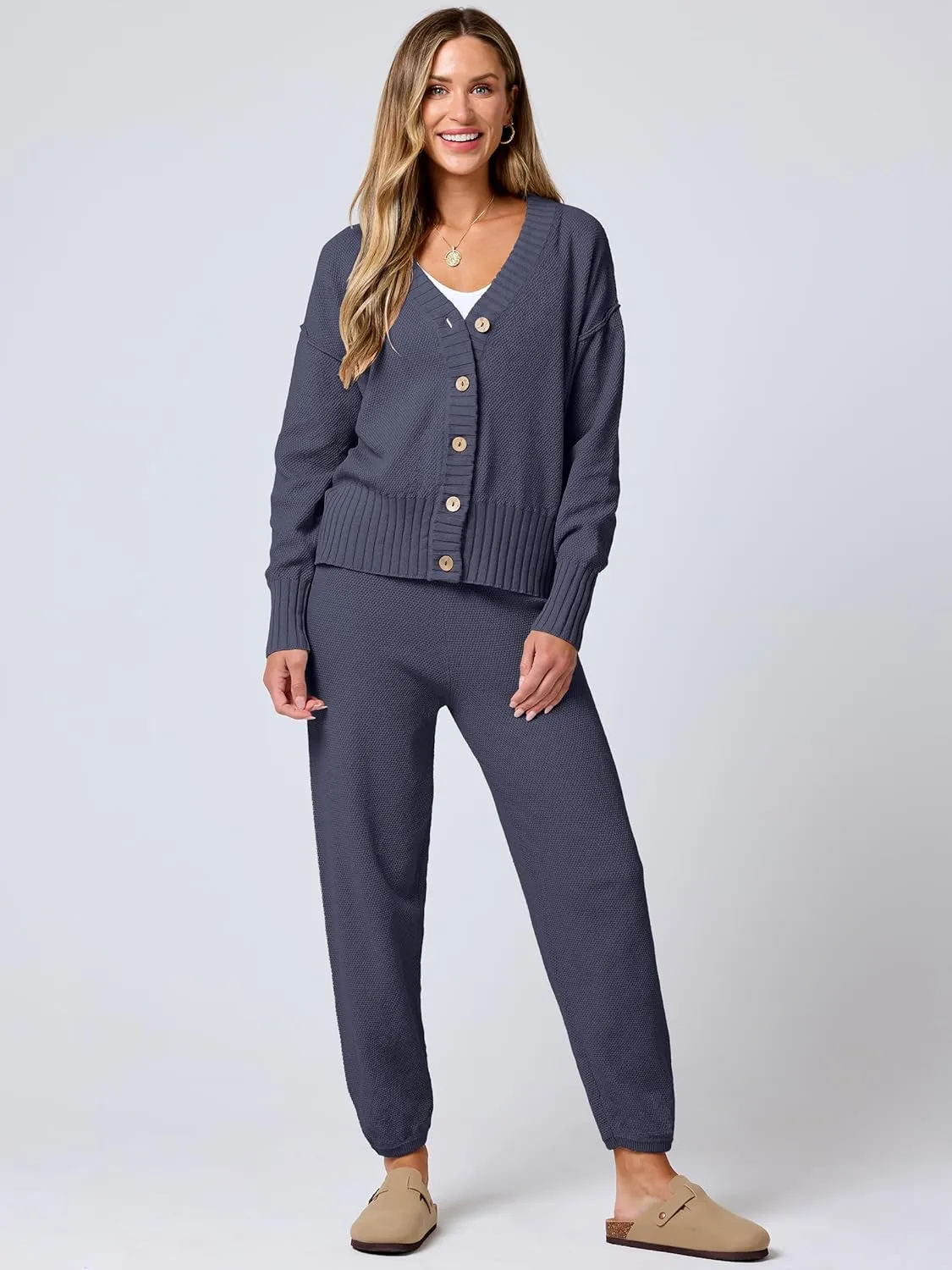 ANRABESS Women 2 Piece Outfits Waffle Knit Long Sleeve Cardigan Set Casual Sweater Pants Lounge Sets 2024 Fall Clothes