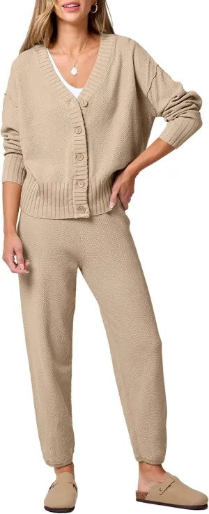 ANRABESS Women 2 Piece Outfits Waffle Knit Long Sleeve Cardigan Set Casual Sweater Pants Lounge Sets 2024 Fall Clothes