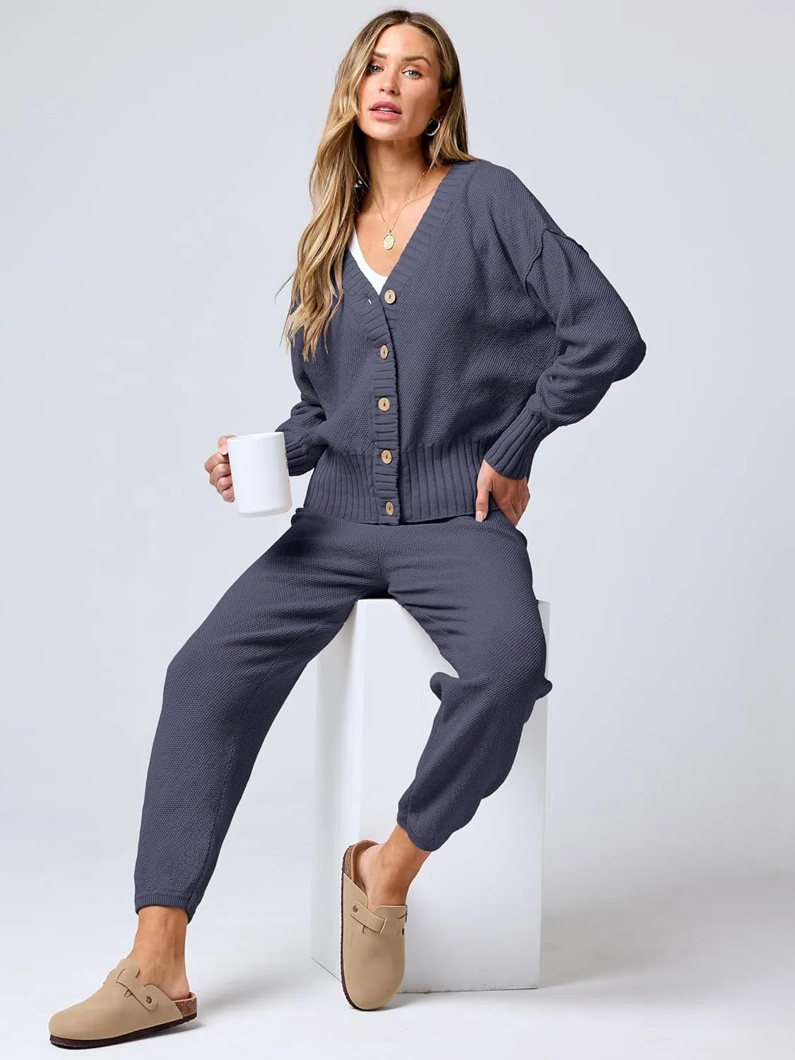 ANRABESS Women 2 Piece Outfits Waffle Knit Long Sleeve Cardigan Set Casual Sweater Pants Lounge Sets 2024 Fall Clothes