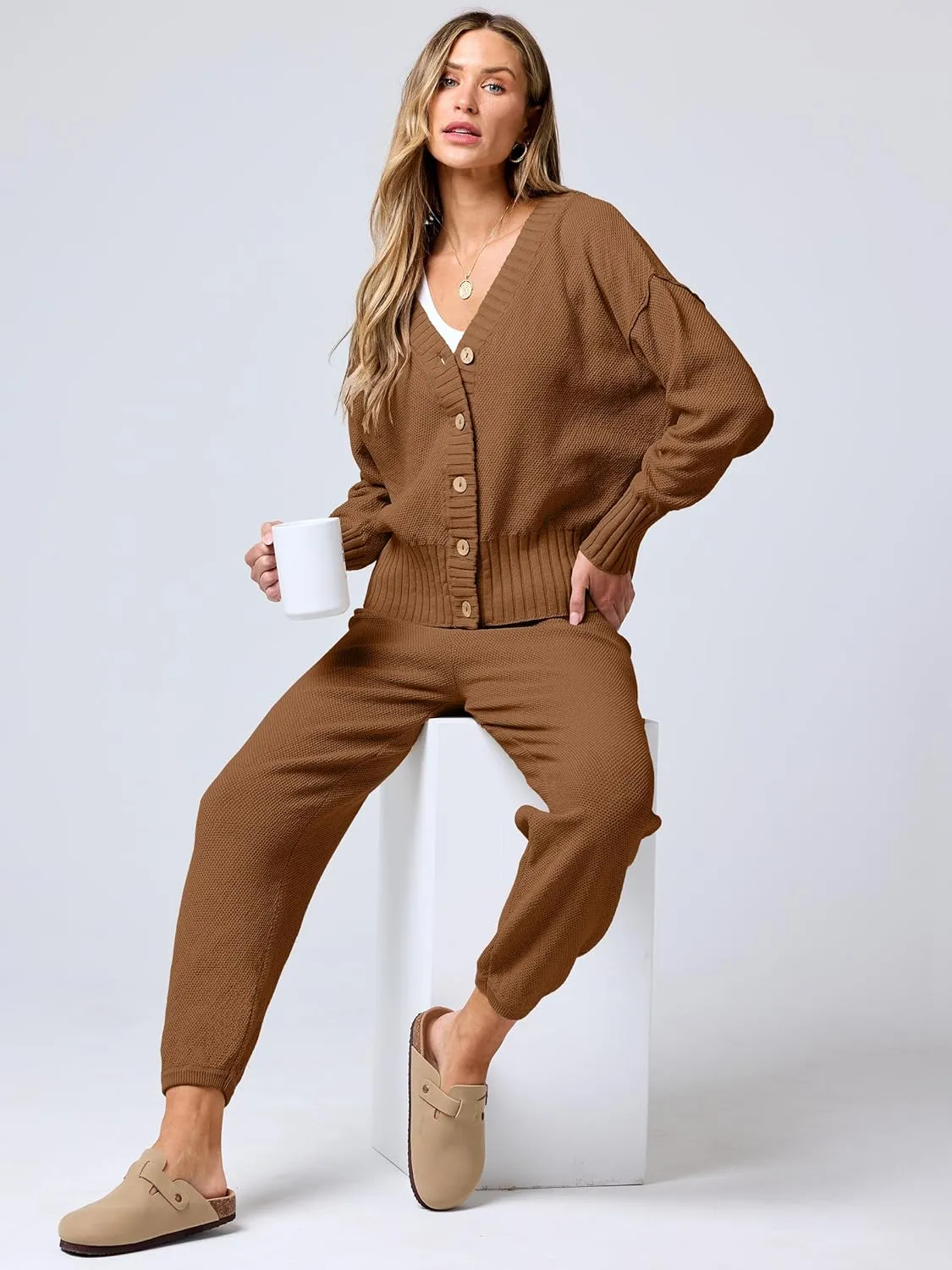 ANRABESS Women 2 Piece Outfits Waffle Knit Long Sleeve Cardigan Set Casual Sweater Pants Lounge Sets 2024 Fall Clothes