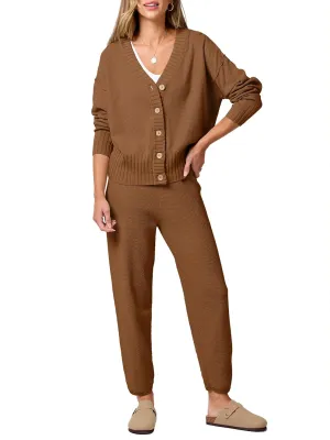 ANRABESS Women 2 Piece Outfits Waffle Knit Long Sleeve Cardigan Set Casual Sweater Pants Lounge Sets 2024 Fall Clothes