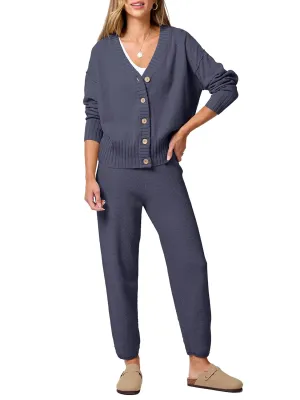 ANRABESS Women 2 Piece Outfits Waffle Knit Long Sleeve Cardigan Set Casual Sweater Pants Lounge Sets 2024 Fall Clothes