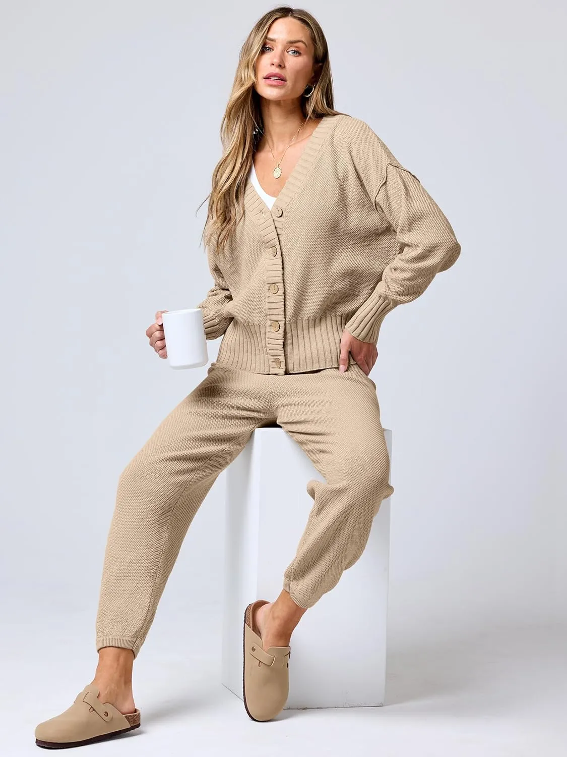 ANRABESS Women 2 Piece Outfits Waffle Knit Long Sleeve Cardigan Set Casual Sweater Pants Lounge Sets 2024 Fall Clothes