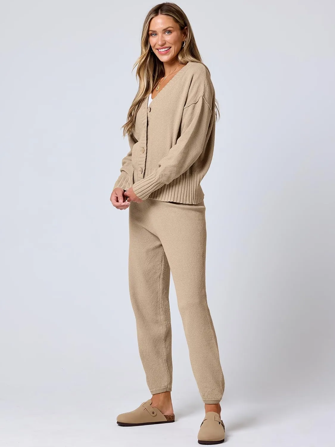 ANRABESS Women 2 Piece Outfits Waffle Knit Long Sleeve Cardigan Set Casual Sweater Pants Lounge Sets 2024 Fall Clothes