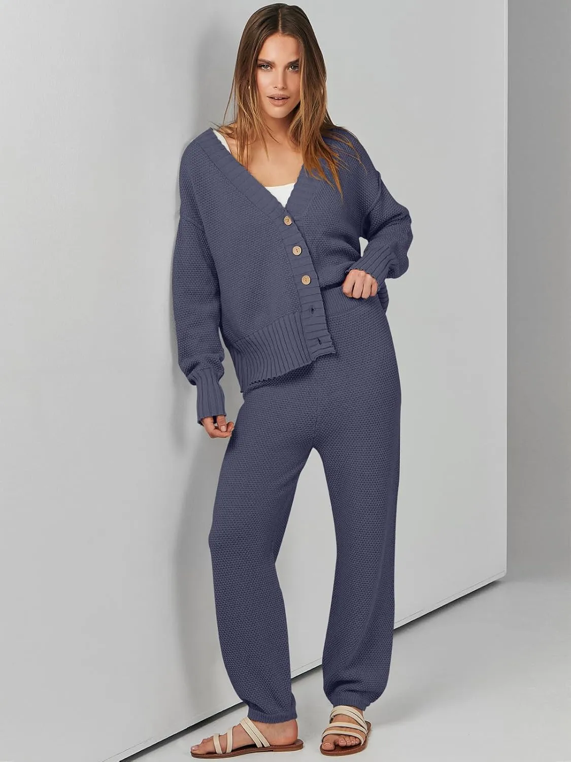 ANRABESS Women 2 Piece Outfits Waffle Knit Long Sleeve Cardigan Set Casual Sweater Pants Lounge Sets 2024 Fall Clothes