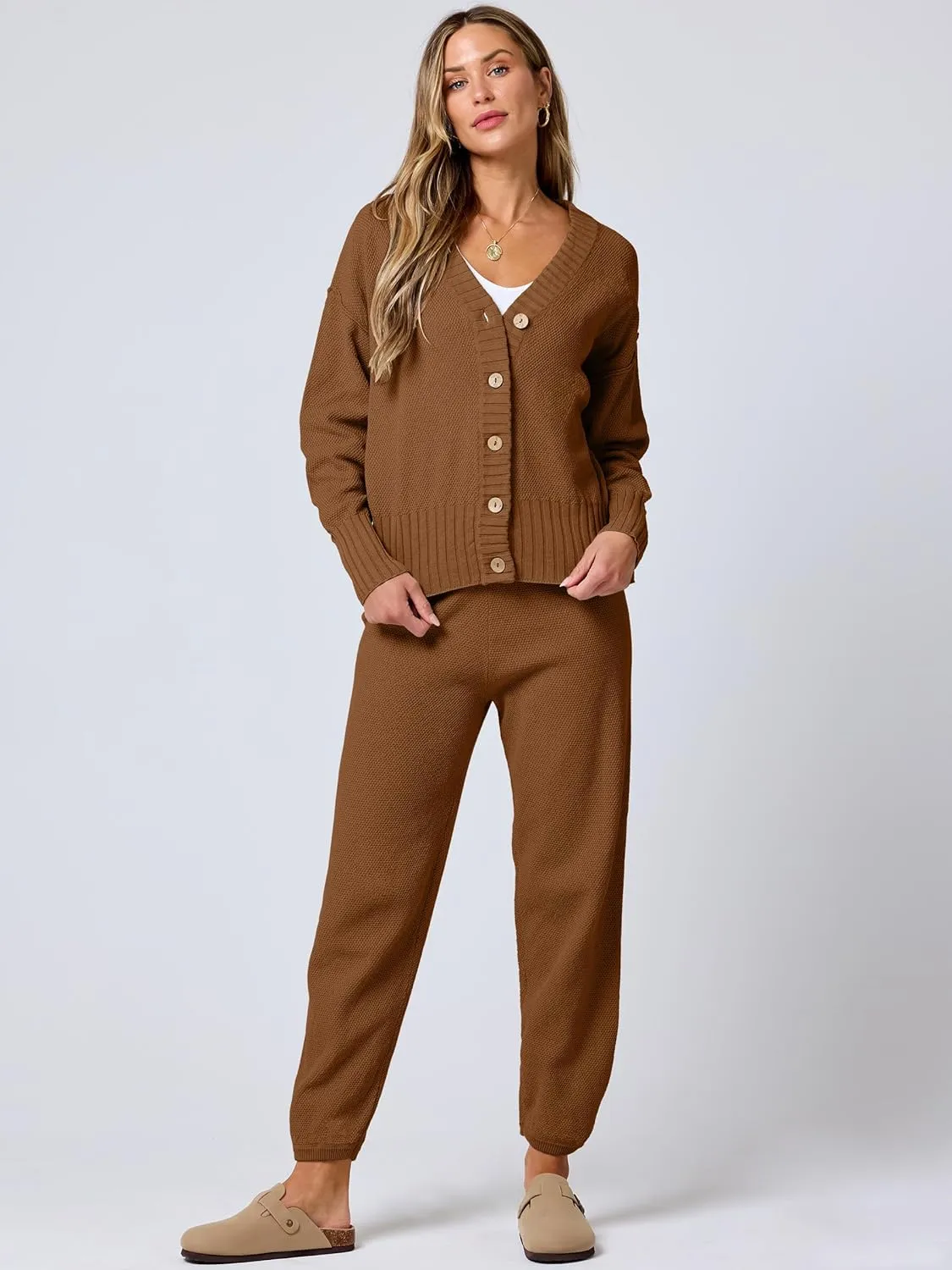 ANRABESS Women 2 Piece Outfits Waffle Knit Long Sleeve Cardigan Set Casual Sweater Pants Lounge Sets 2024 Fall Clothes