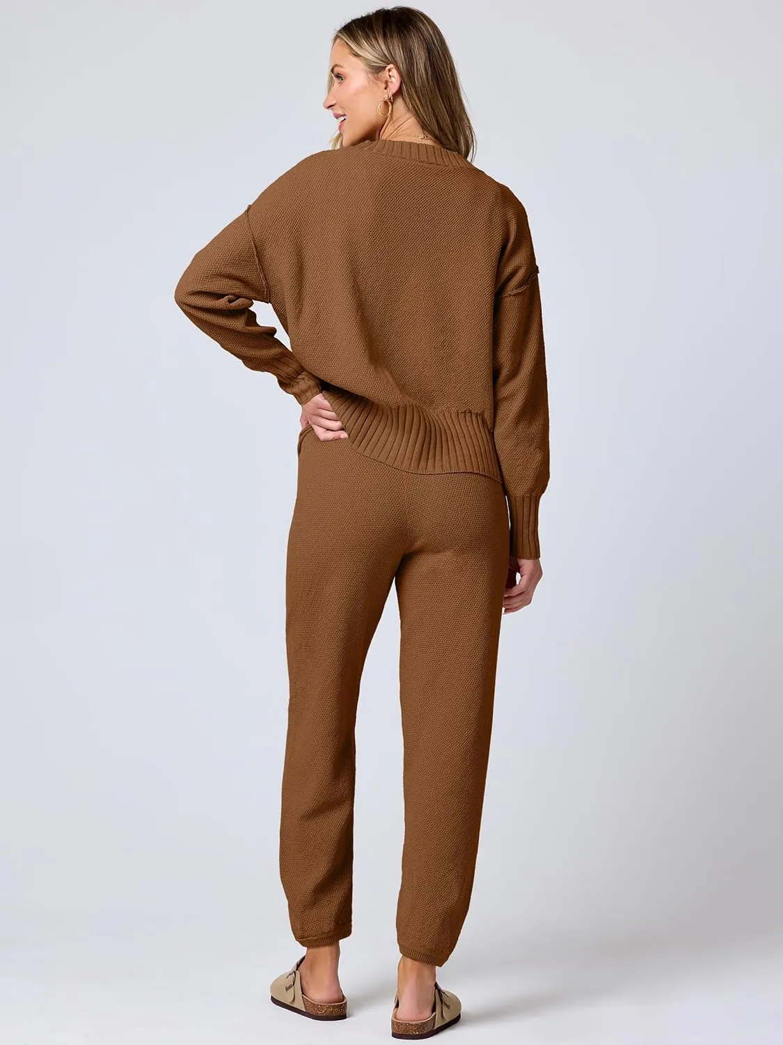 ANRABESS Women 2 Piece Outfits Waffle Knit Long Sleeve Cardigan Set Casual Sweater Pants Lounge Sets 2024 Fall Clothes