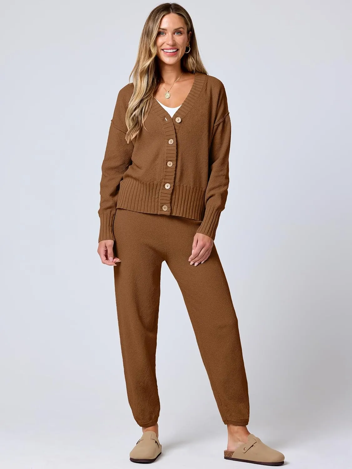 ANRABESS Women 2 Piece Outfits Waffle Knit Long Sleeve Cardigan Set Casual Sweater Pants Lounge Sets 2024 Fall Clothes
