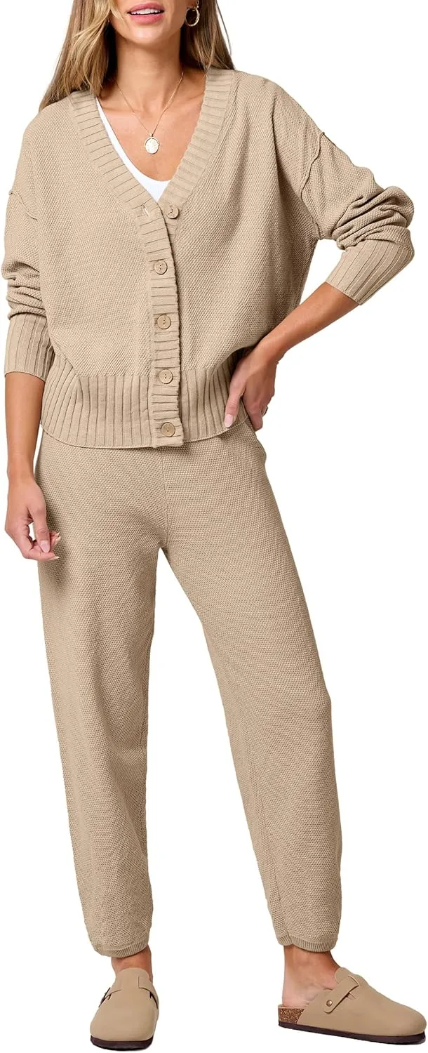 ANRABESS Women 2 Piece Outfits Waffle Knit Long Sleeve Cardigan Set Casual Sweater Pants Lounge Sets 2024 Fall Clothes
