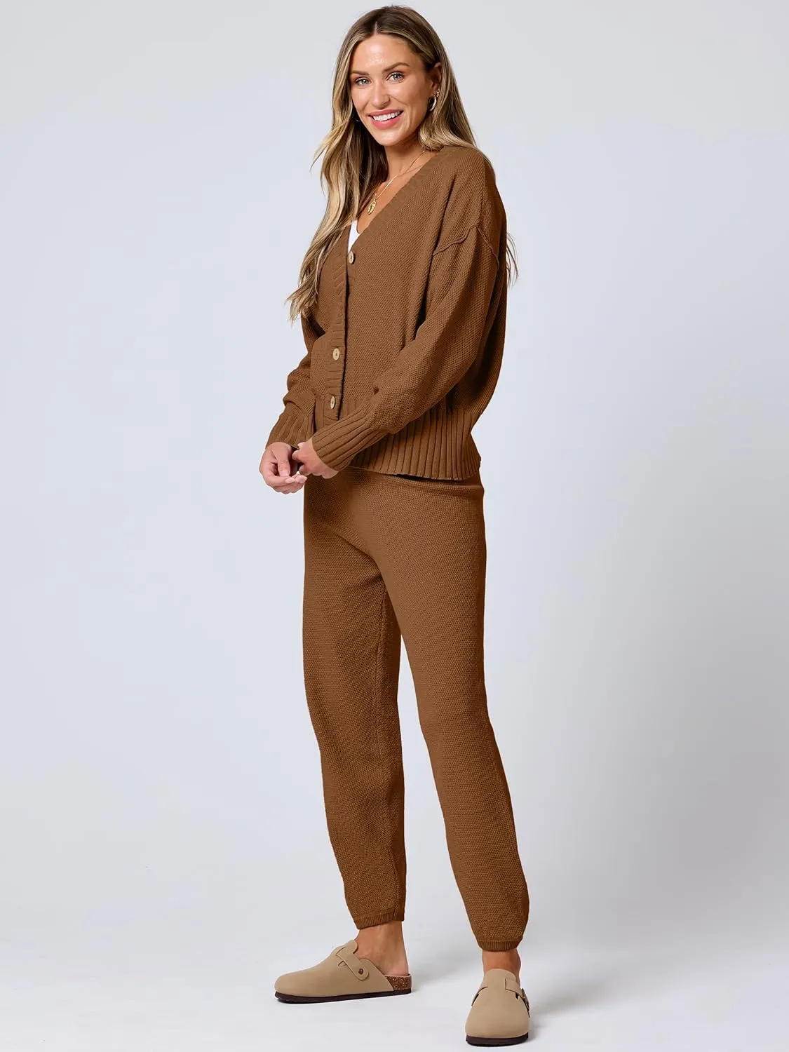 ANRABESS Women 2 Piece Outfits Waffle Knit Long Sleeve Cardigan Set Casual Sweater Pants Lounge Sets 2024 Fall Clothes