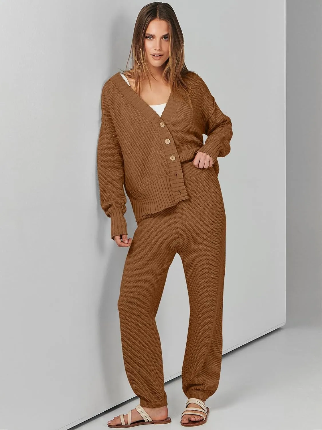 ANRABESS Women 2 Piece Outfits Waffle Knit Long Sleeve Cardigan Set Casual Sweater Pants Lounge Sets 2024 Fall Clothes