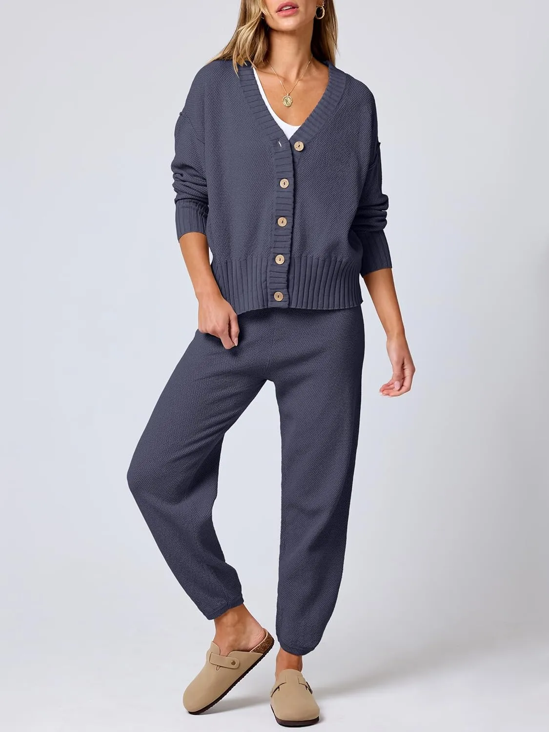 ANRABESS Women 2 Piece Outfits Waffle Knit Long Sleeve Cardigan Set Casual Sweater Pants Lounge Sets 2024 Fall Clothes