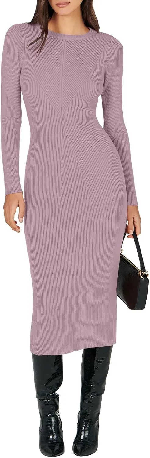 ANRABESS Women Long Sleeve Crewneck Sweater Dress Ribbed Knit Stretch Slim Fit Bodycon Midi Dresses Fall Fashion Outfits