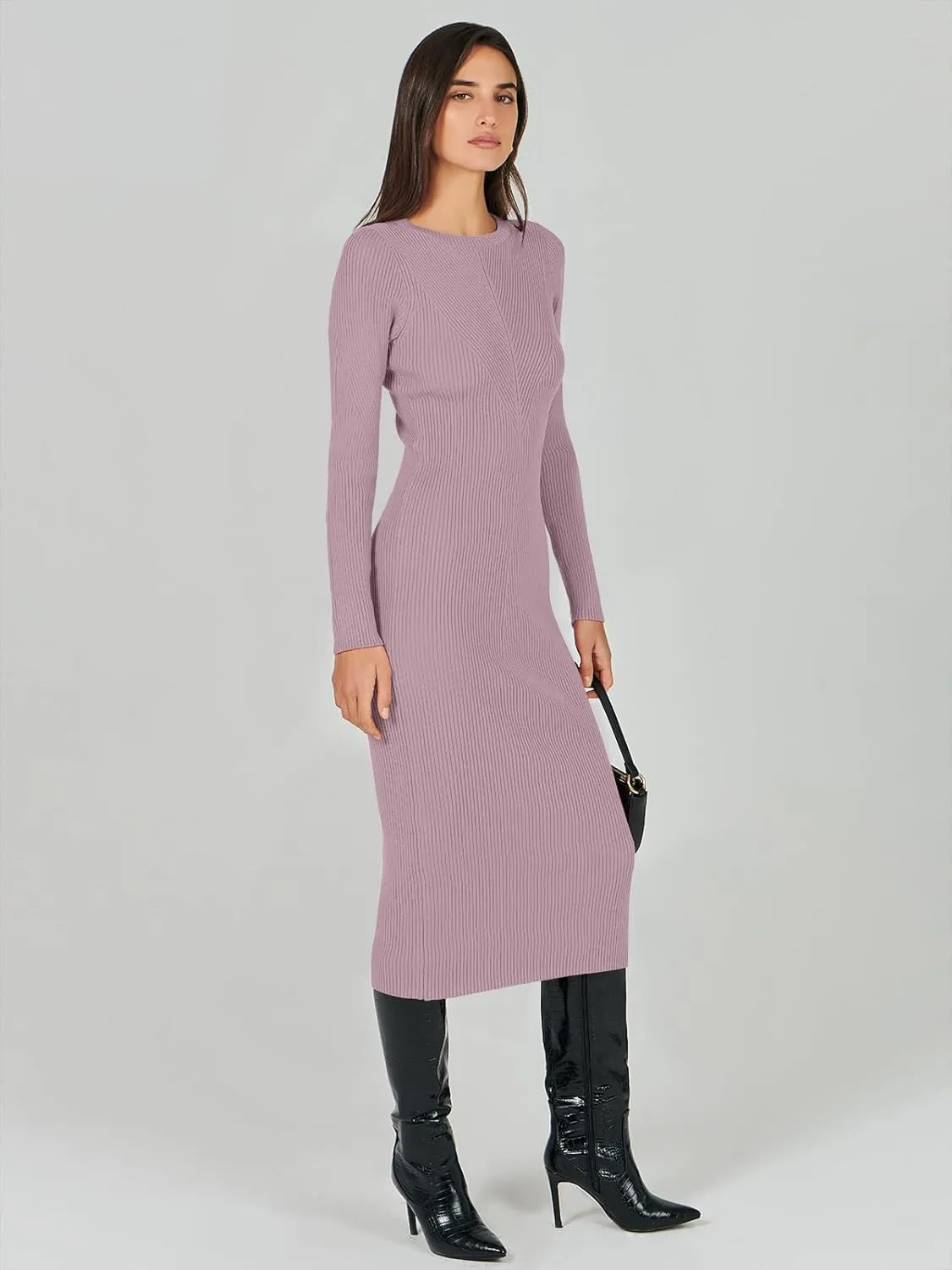 ANRABESS Women Long Sleeve Crewneck Sweater Dress Ribbed Knit Stretch Slim Fit Bodycon Midi Dresses Fall Fashion Outfits