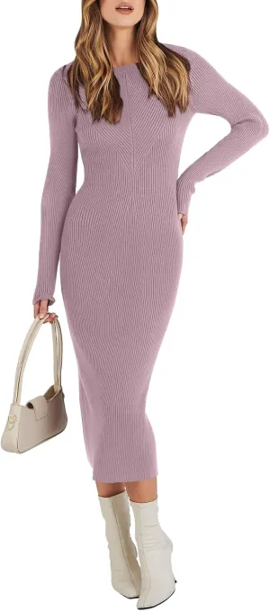 ANRABESS Women Long Sleeve Crewneck Sweater Dress Ribbed Knit Stretch Slim Fit Bodycon Midi Dresses Fall Fashion Outfits