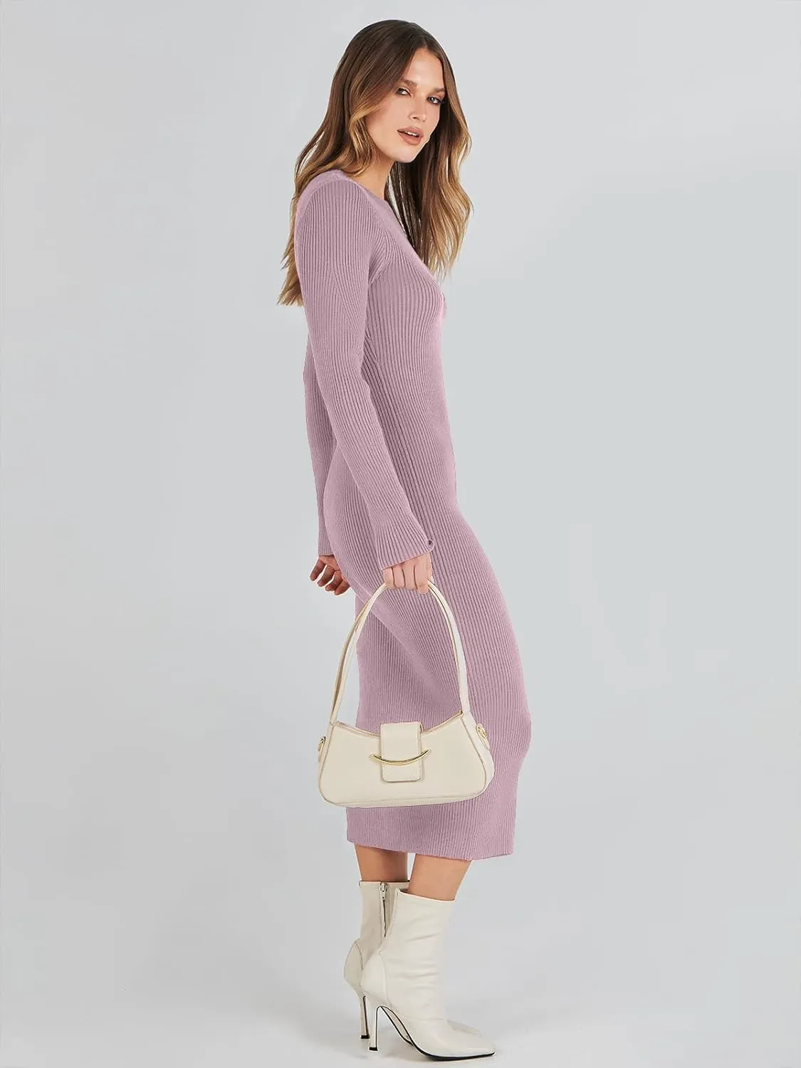 ANRABESS Women Long Sleeve Crewneck Sweater Dress Ribbed Knit Stretch Slim Fit Bodycon Midi Dresses Fall Fashion Outfits