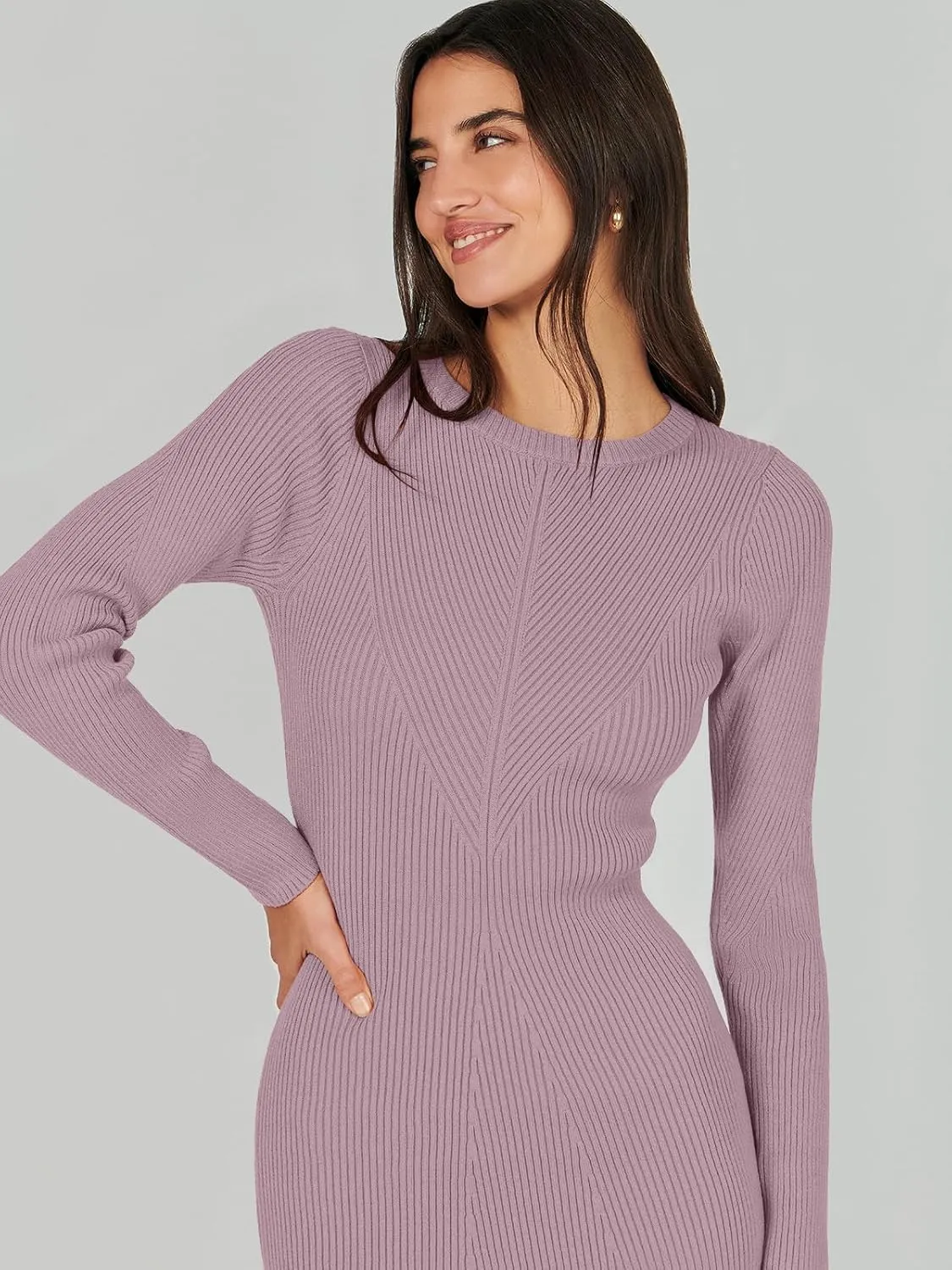 ANRABESS Women Long Sleeve Crewneck Sweater Dress Ribbed Knit Stretch Slim Fit Bodycon Midi Dresses Fall Fashion Outfits
