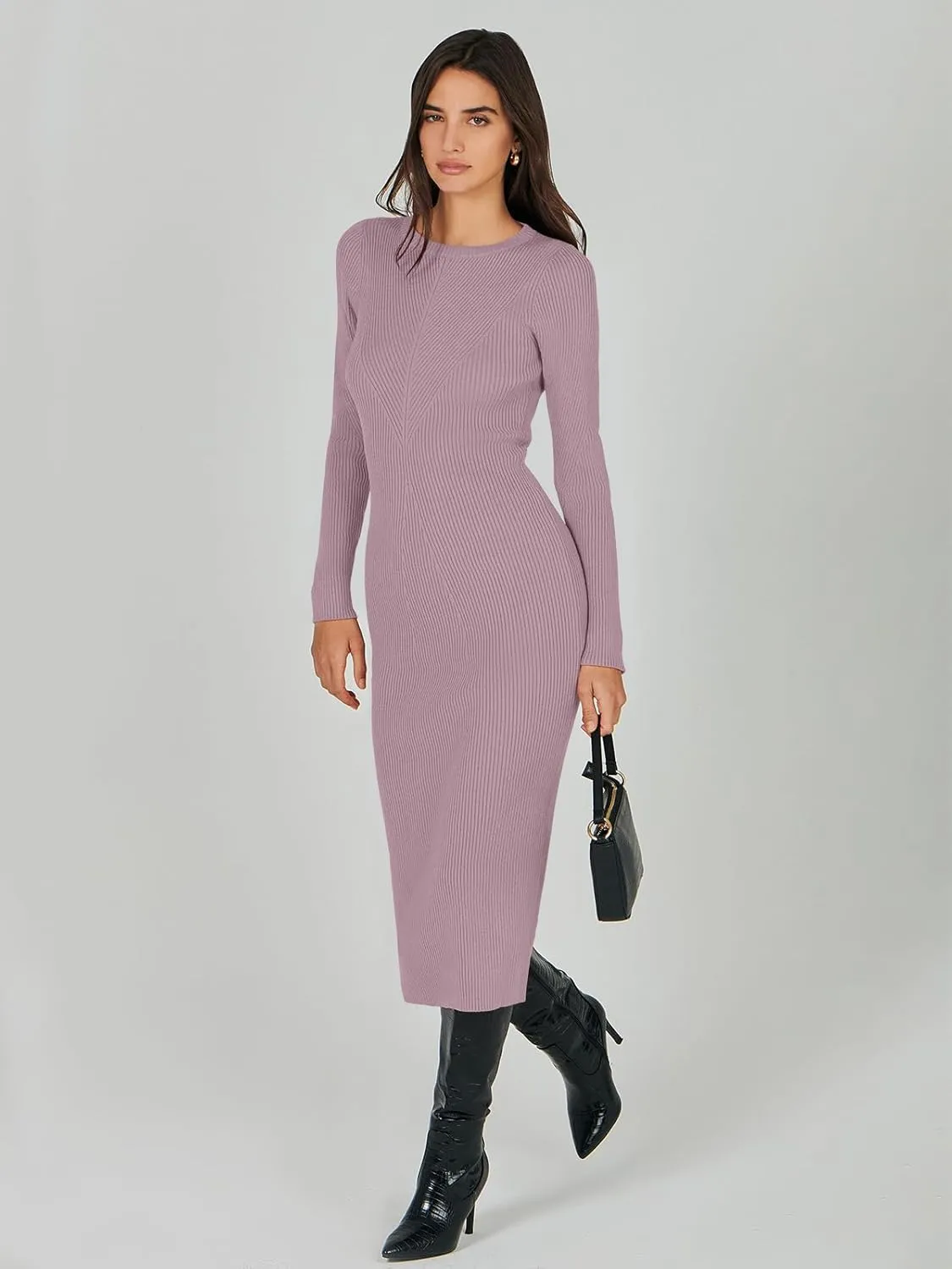 ANRABESS Women Long Sleeve Crewneck Sweater Dress Ribbed Knit Stretch Slim Fit Bodycon Midi Dresses Fall Fashion Outfits
