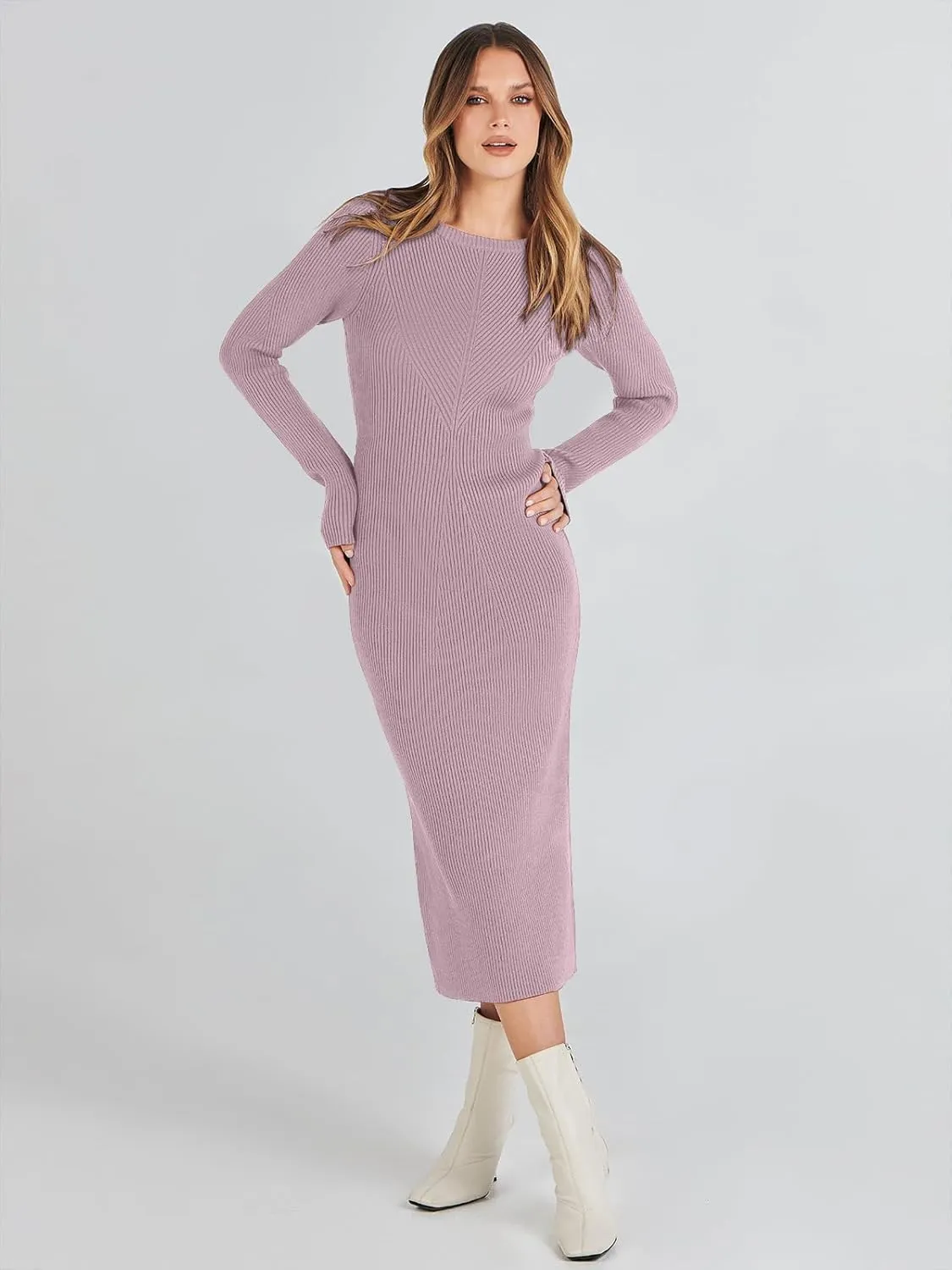 ANRABESS Women Long Sleeve Crewneck Sweater Dress Ribbed Knit Stretch Slim Fit Bodycon Midi Dresses Fall Fashion Outfits