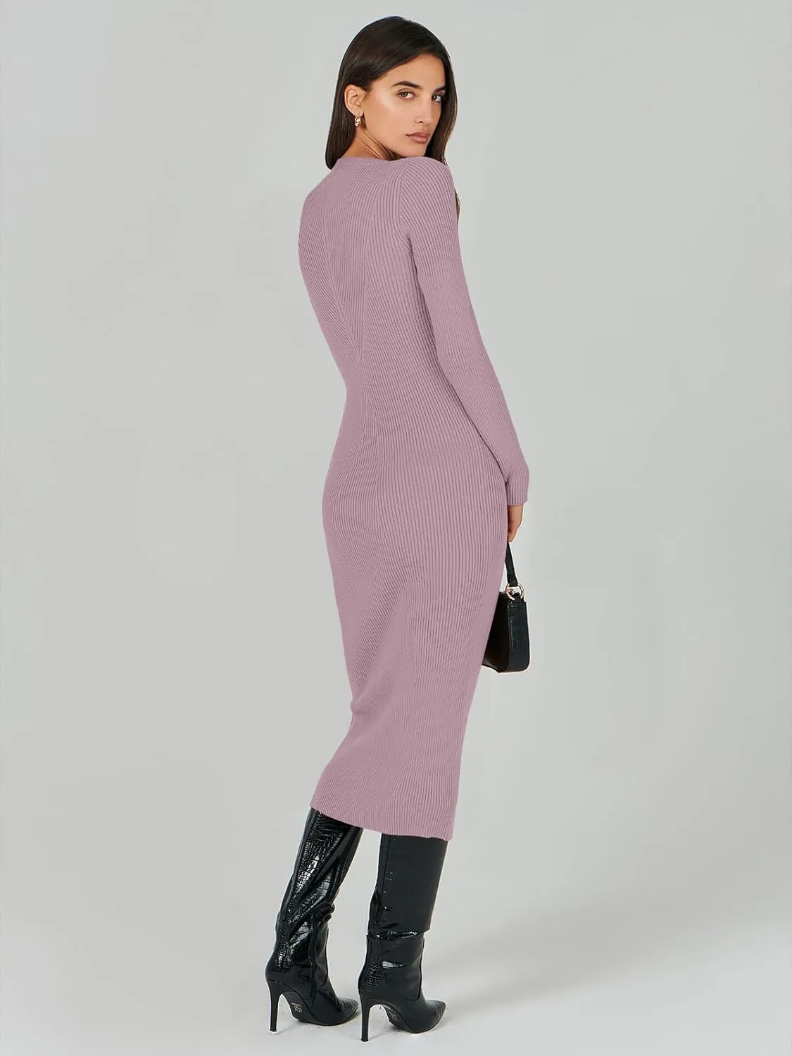 ANRABESS Women Long Sleeve Crewneck Sweater Dress Ribbed Knit Stretch Slim Fit Bodycon Midi Dresses Fall Fashion Outfits